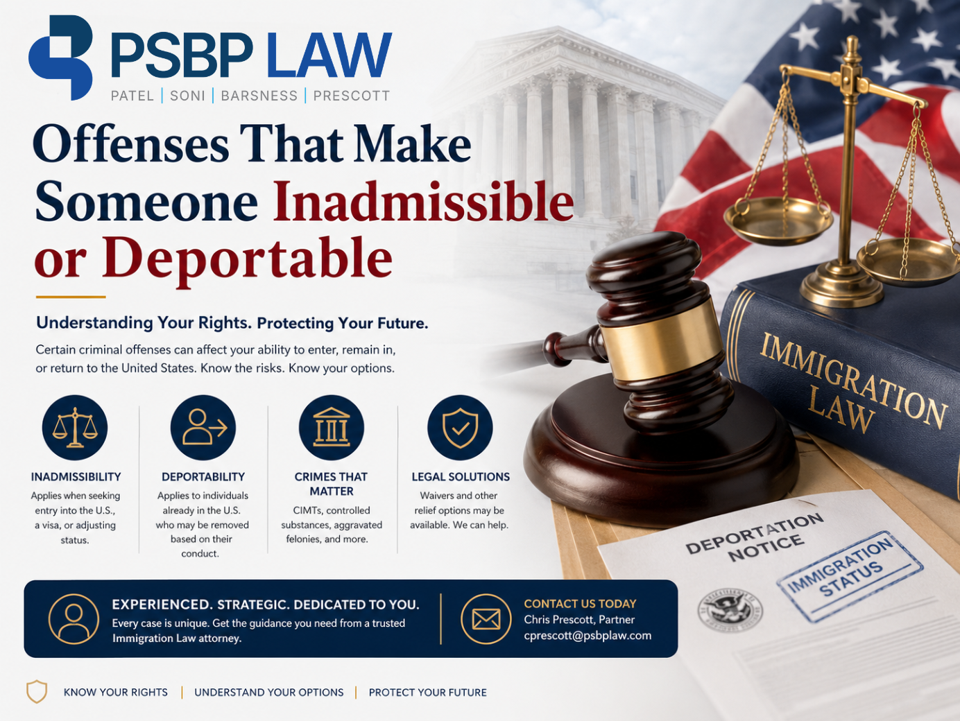 Professional immigration law graphic about offenses that can make someone inadmissible or deportable in the United States, featuring legal symbols including a gavel, scales of justice, and the U.S. flag.