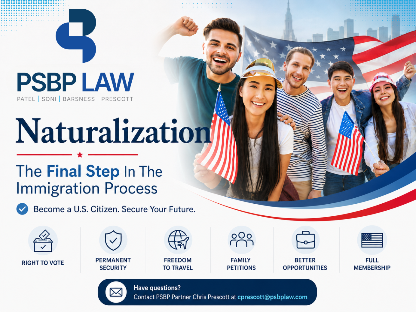 Naturalization process infographic explaining U.S. citizenship benefits, eligibility, and legal guidance from PSBP Law.