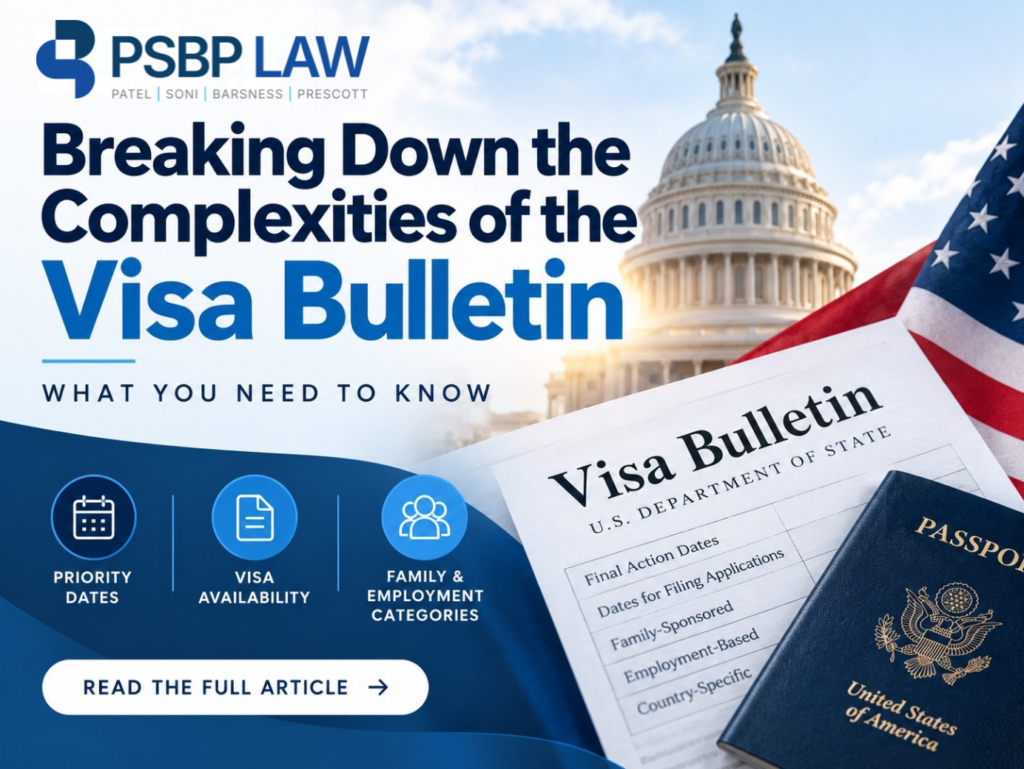 Visa Bulletin immigration graphic explaining priority dates, visa availability, and family- and employment-based categories, with a U.S. Capitol, passport, and Visa Bulletin document.