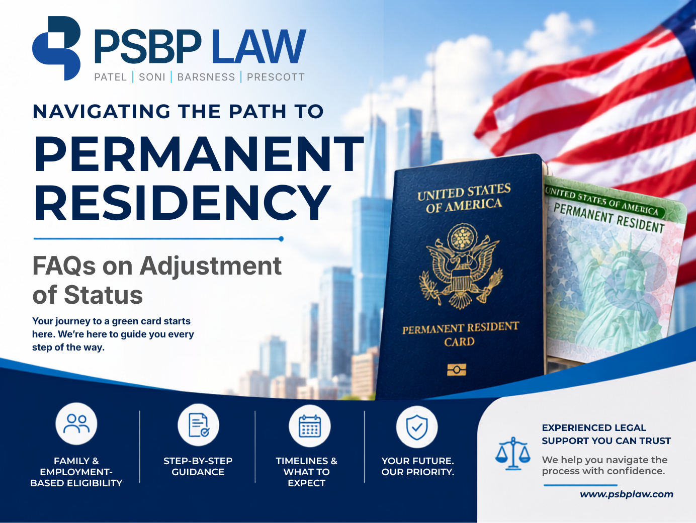 PSBP Law graphic about adjustment of status, featuring a U.S. green card, passport, American flag, and permanent residency legal guidance.