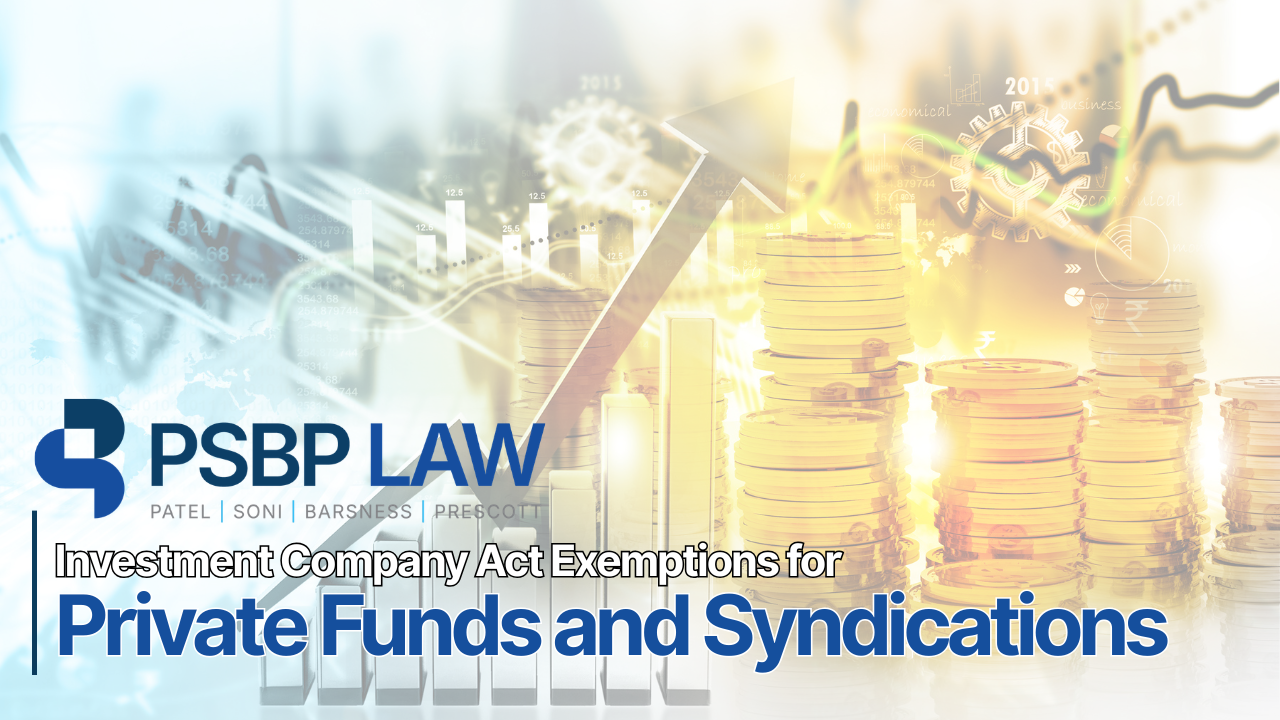 PSBP Law graphic showing stacked coins, financial growth chart, and text about Investment Company Act exemptions for private funds and syndications.