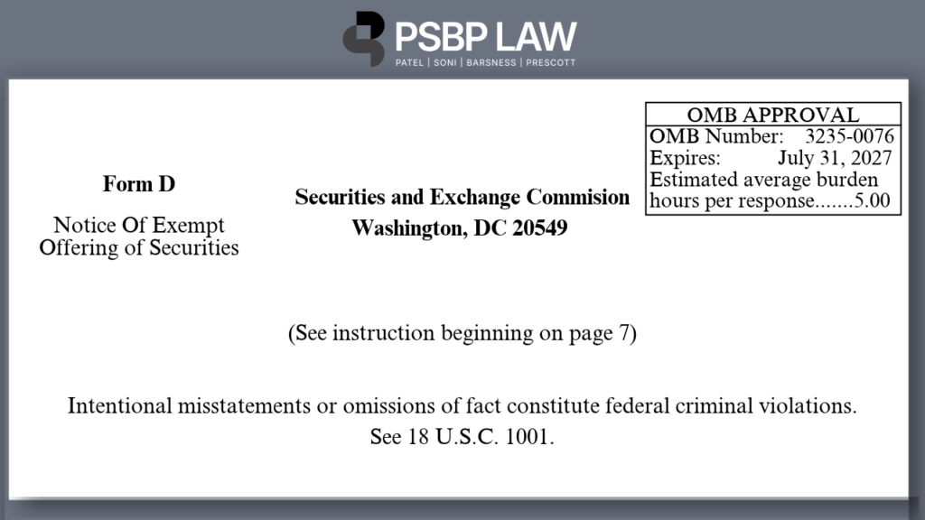 Form D is the federal securities filing required to be filed with the SEC. The filing provides certain information about the offering and securities sold. Form D must be filed within 15 days of a "sale" of a security which is typically when the first investor subscribes.