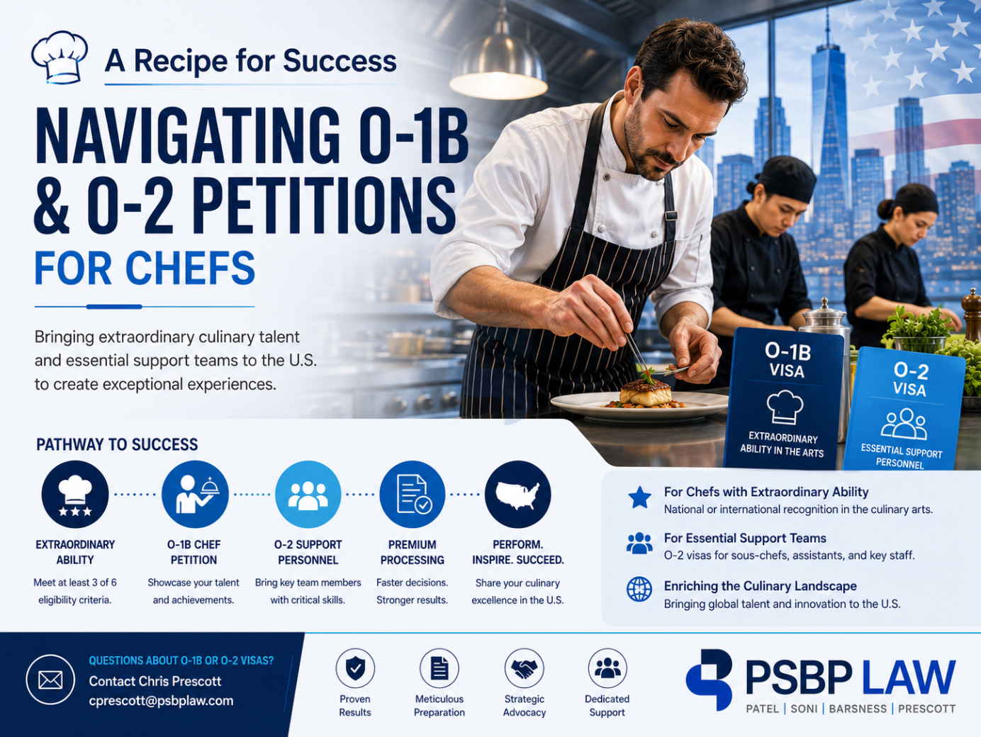 O-1B and O-2 visa infographic for chefs and essential culinary support personnel working in the United States.