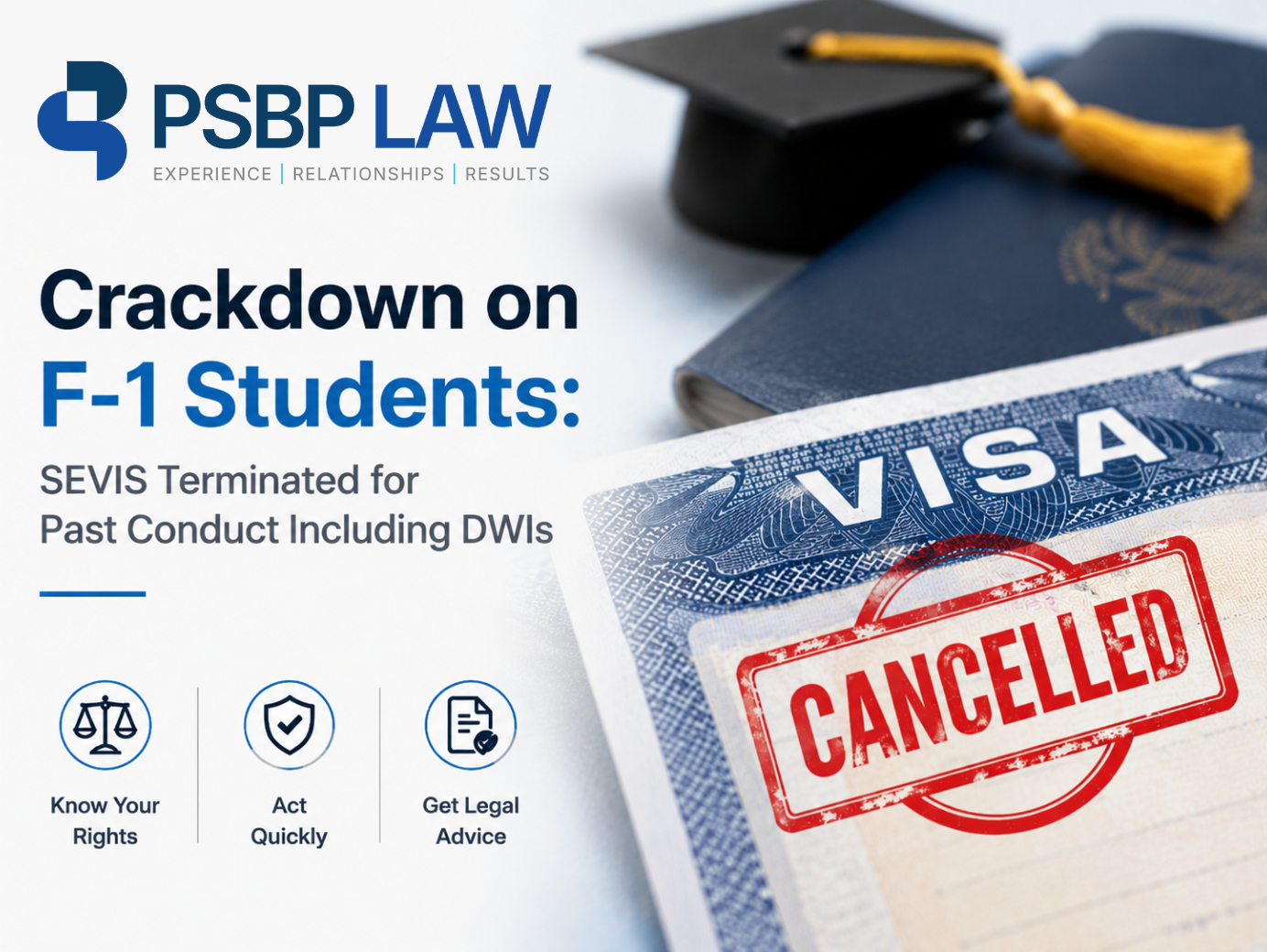 Immigration infographic showing F-1 student visa cancellation and SEVIS termination due to alleged criminal conduct, including DUI, with legal warning and government enforcement concept.