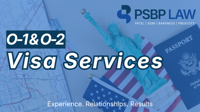 Graphic promoting O-1 & O-2 visa services by PSBP Law, featuring the Statue of Liberty, a U.S. passport, and an American flag.