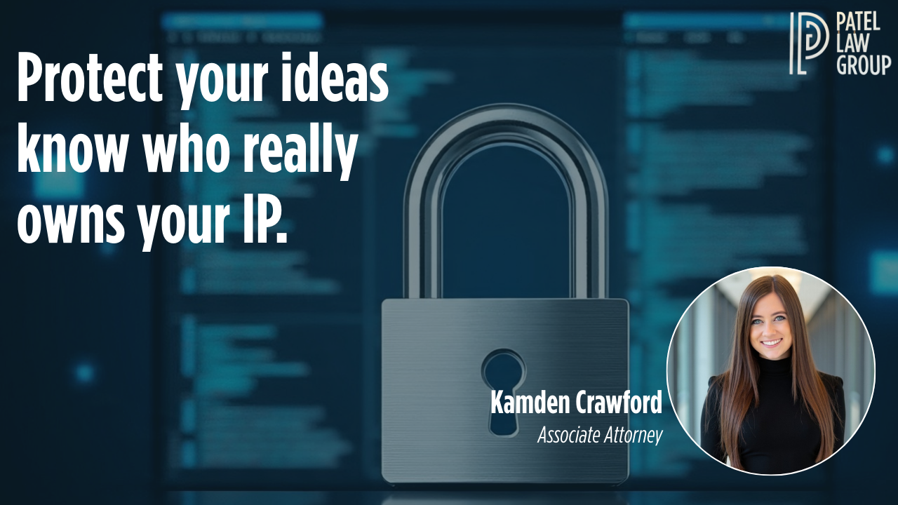 Image of a padlock over computer code background with the text “Protect your ideas, know who really owns your IP.” Includes PSBP Law logo and a photo of Associate Attorney Kamden Crawford, highlighting intellectual property ownership protection for businesses.
