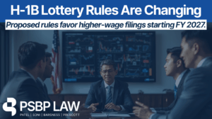 A professional, blue-toned graphic showing a group of business professionals in suits seated around a conference table in a modern office setting. A large digital screen behind them displays financial charts and data, symbolizing wage levels and economic factors. The headline text reads “H-1B Lottery Rules Are Changing,” with a subheading stating “Proposed rules favor higher-wage filings starting FY 2027.” The PSBP Law logo appears at the bottom left. The image visually represents changes to the U.S. H-1B visa lottery system, emphasizing wage-based selection, employer impact, and immigration policy analysis.