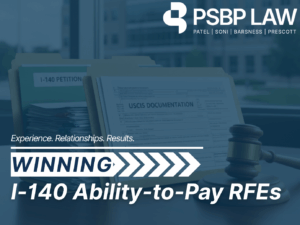 Winning I-140 ability-to-pay RFEs graphic with USCIS documents, legal files, and PSBP Law branding.