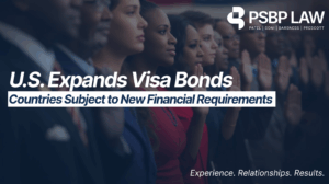 Group of diverse adults taking an oath, with text announcing U.S. expansion of visa bond requirements.