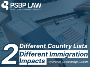 Gráfico de PSBP Law que muestra una solicitud de visa de EE. UU., un pasaporte y un pase de abordar con el texto ‘Diferentes listas de países, diferentes impactos migratorios’, relacionado con la pausa de visas de inmigrante de EE. UU. en 2026.