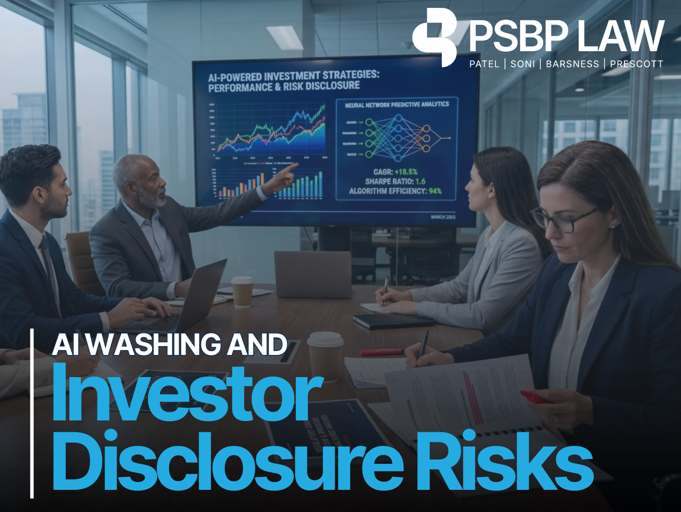 Business professionals reviewing an AI-powered investment strategy presentation with financial charts while discussing AI washing and investor disclosure risks.