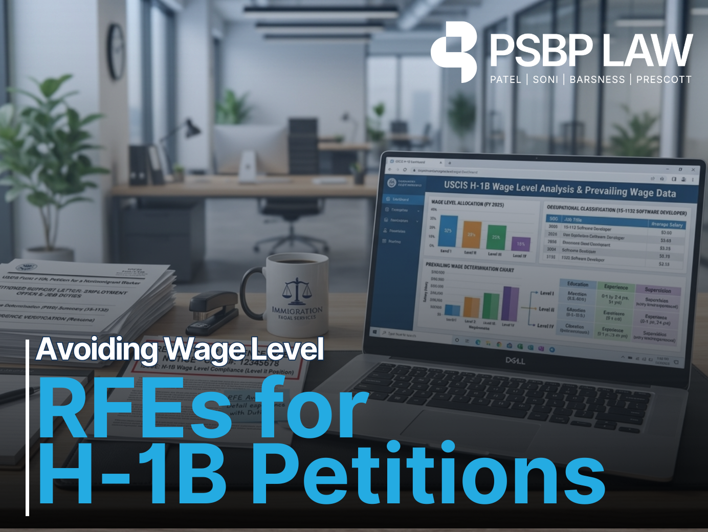 An office desk with a laptop and legal documents. The image features the PSBP Law logo in the top right corner and bold text in the bottom left that reads "Avoiding Wage Level RFEs for H-1B Petitions." The background shows a blurred modern law office with a laptop screen displaying wage analysis charts, a coffee mug with a legal scales icon, and stacks of immigration paperwork.