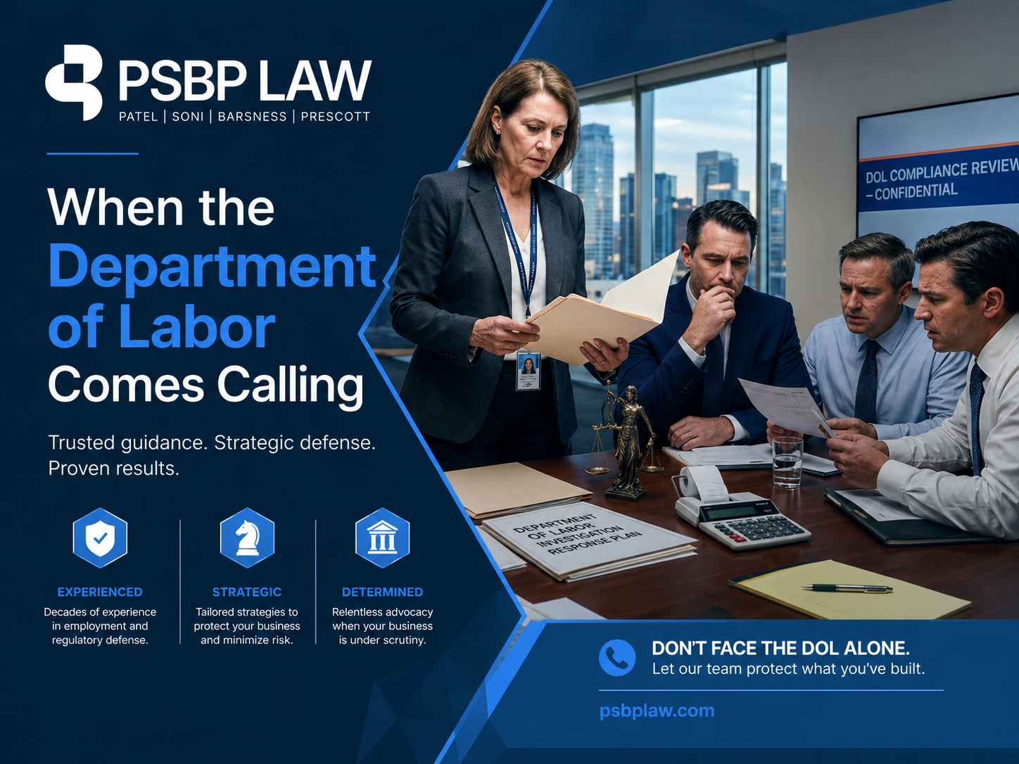 Professional law firm team reviewing documents during a Department of Labor compliance meeting, featuring PSBP Law branding in blue tones with the headline “When the Department of Labor Comes Calling.”