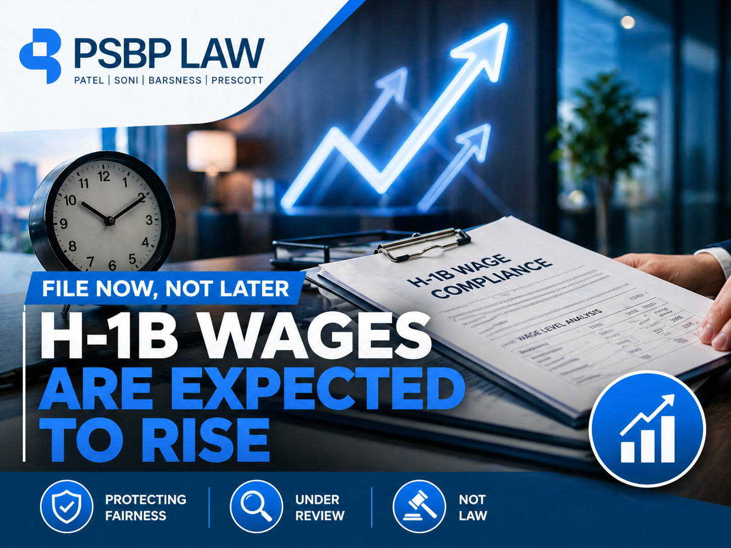Corporate graphic showing rising arrow trend and H-1B wage document with headline ‘H-1B Wages Are Expected to Rise’ in blue branding.