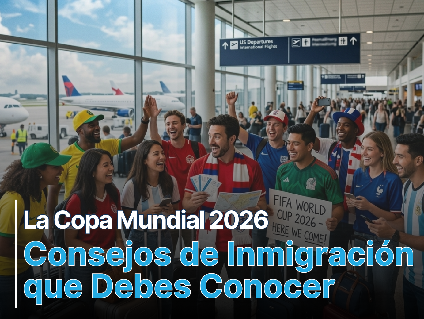 Aficionados internacionales en un aeropuerto celebrando y sosteniendo boletos y banderas mientras se preparan para viajar a la Copa Mundial 2026.