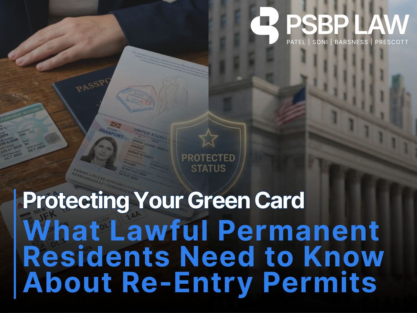 Split-image graphic showing green card documents, passport, and U.S. government building with text about protecting permanent resident status and re-entry permits.