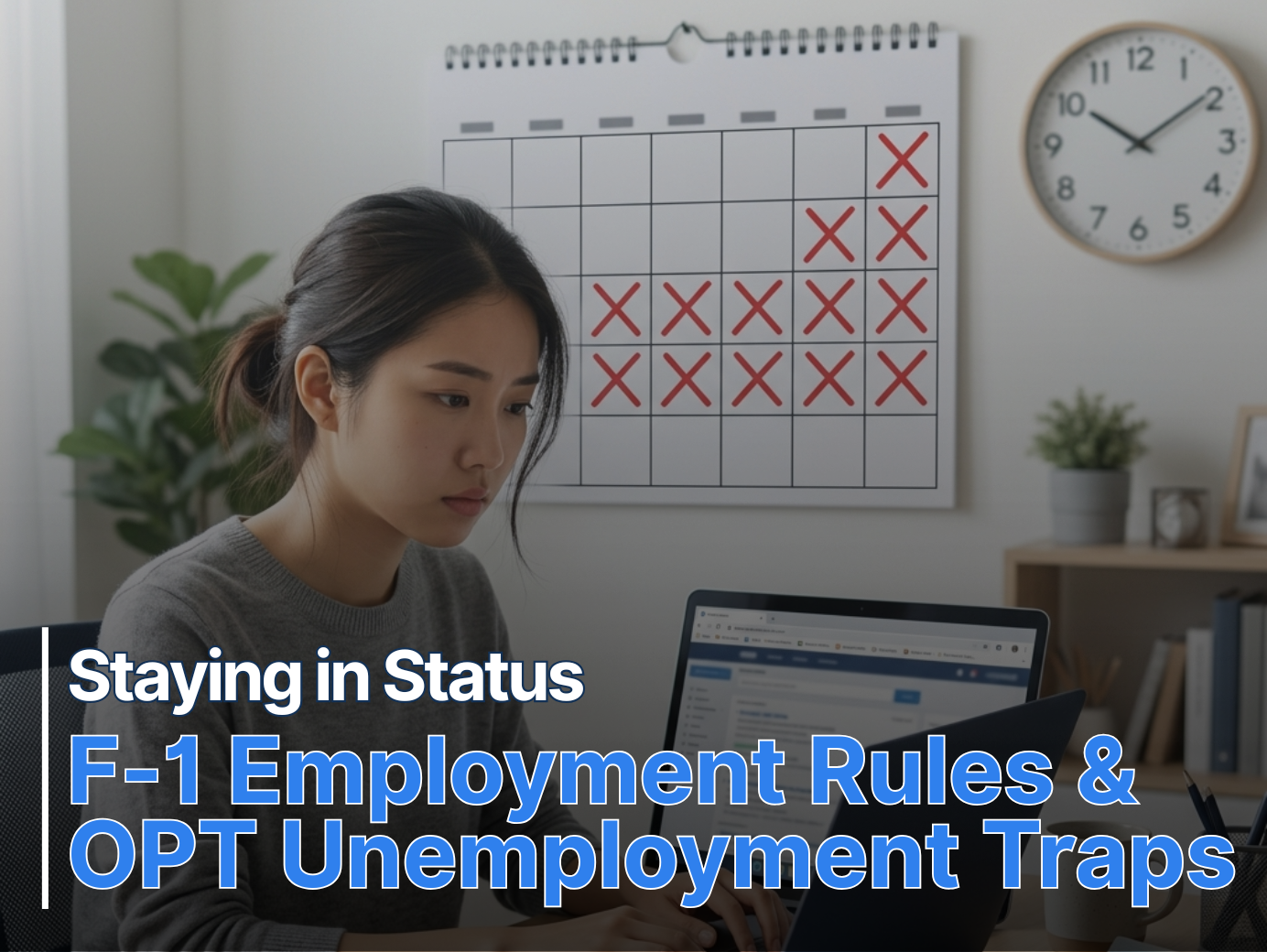 F-1 student working on laptop with calendar showing unemployment days and text about F-1 employment rules and OPT unemployment traps.