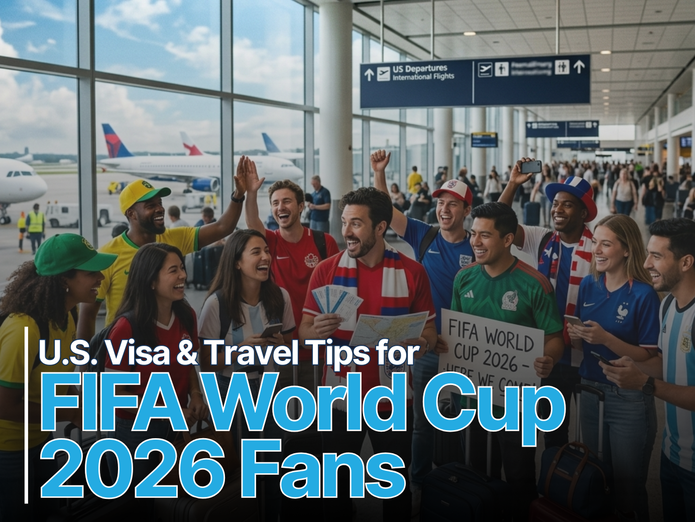 A graphic promoting "U.S. Visa & Travel Tips for FIFA World Cup 2026 Fans," featuring a cheerful group of diverse soccer fans with national flags and jerseys standing in an airport terminal.