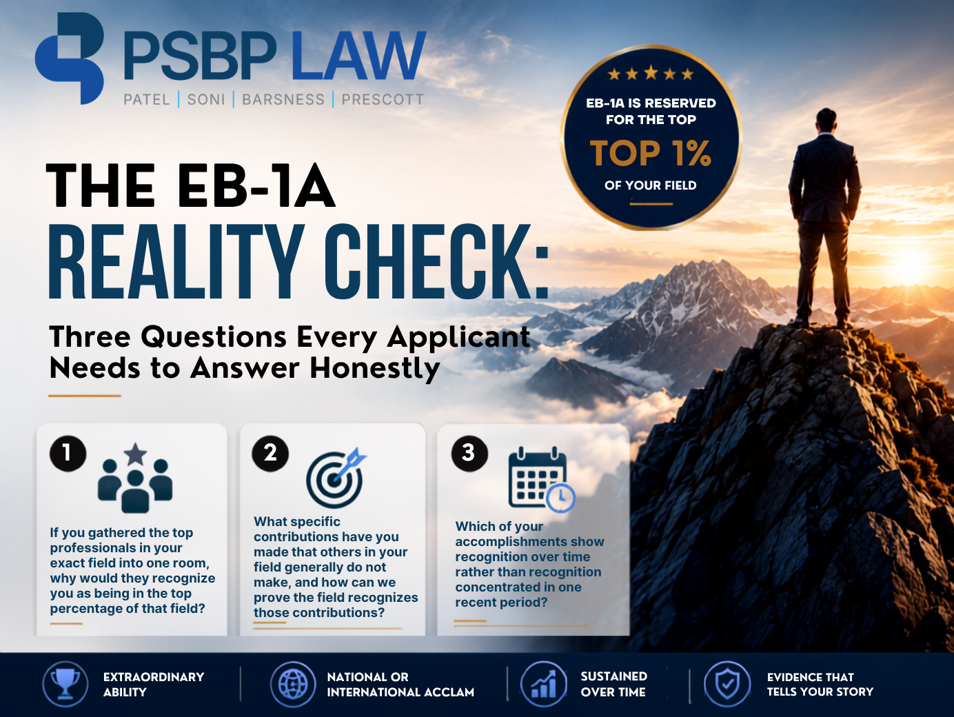 Professional immigration attorney reviewing EB-1A visa petition documents while analyzing evidence of extraordinary ability, sustained acclaim, and field-wide recognition for USCIS approval.