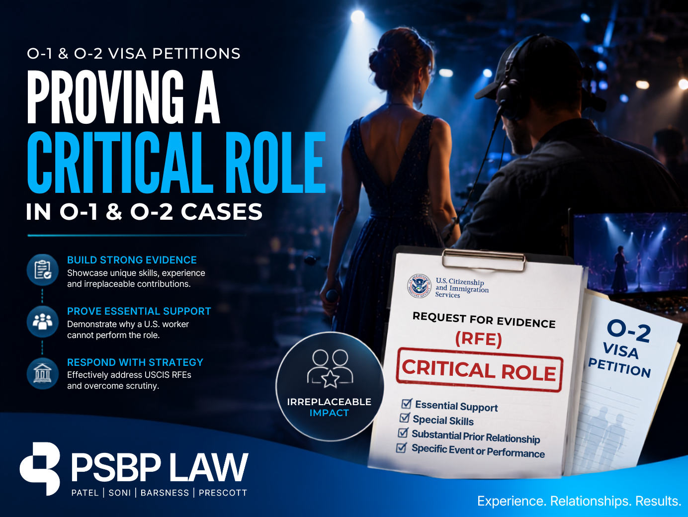 Immigration attorney graphic explaining how to prove a critical role in O-1 and O-2 visa petitions and respond to USCIS RFEs.