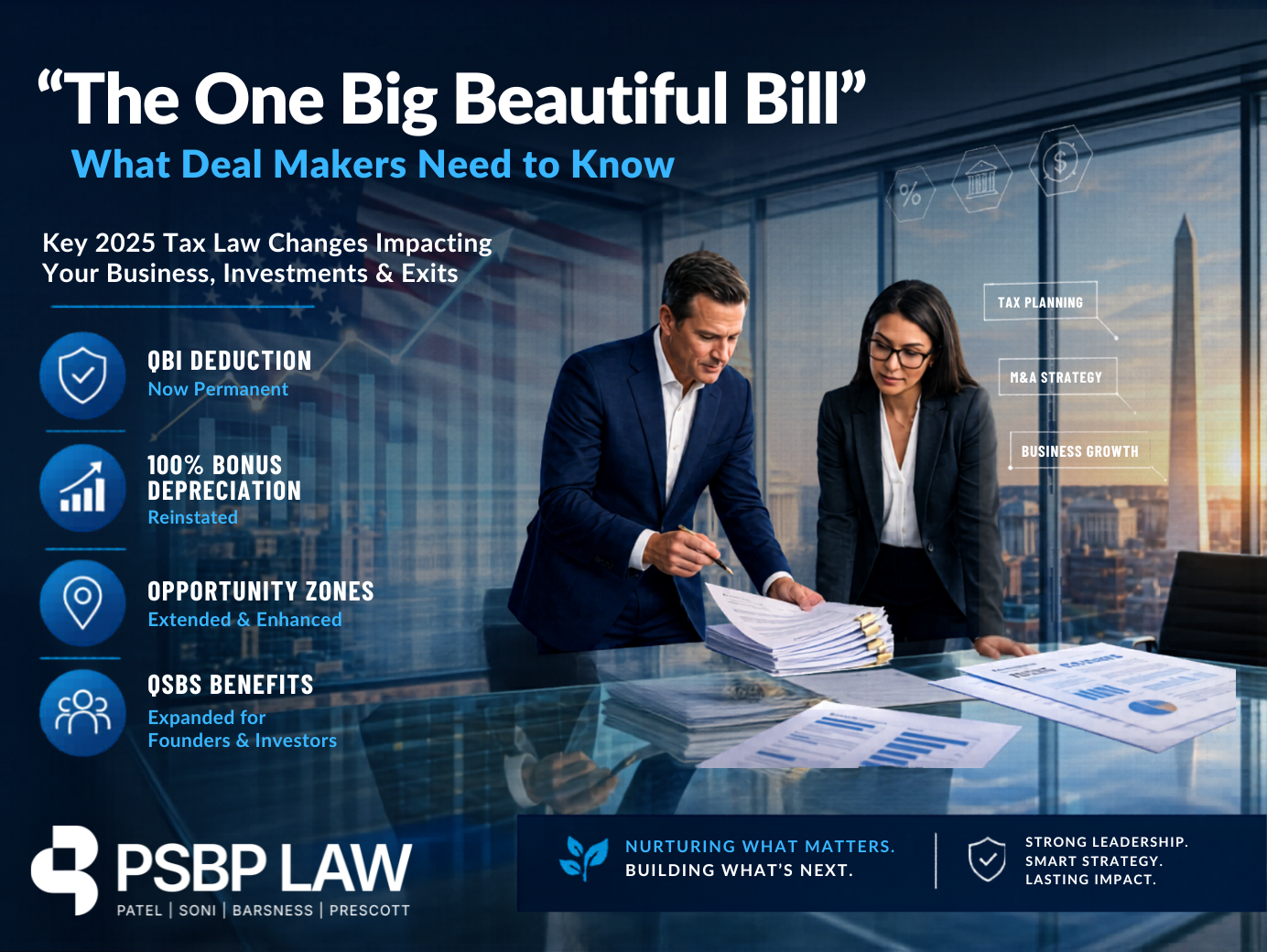 Professional business meeting graphic about the One Big Beautiful Bill tax changes impacting dealmakers, investors, and business owners.