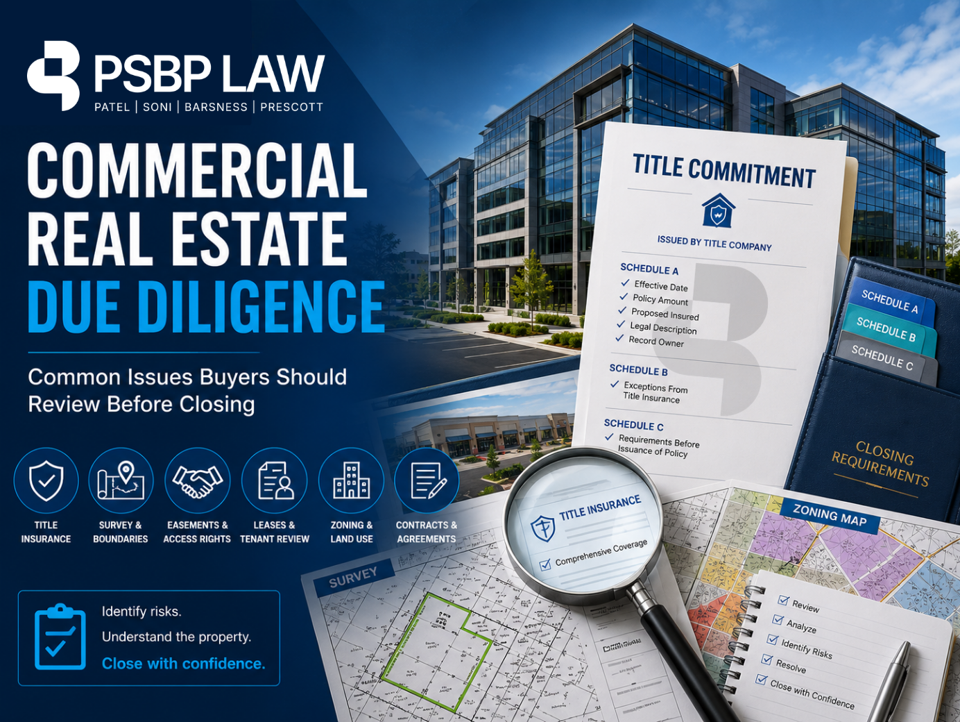 Commercial real estate due diligence illustration showing title review, survey analysis, zoning verification, lease review, and closing requirements before property acquisition.