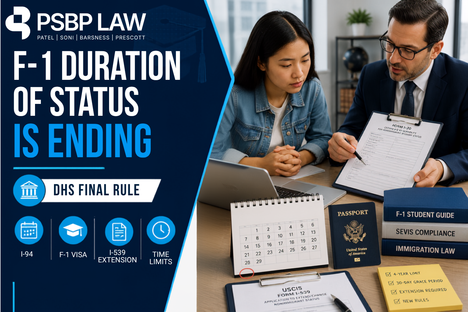 Graphic highlighting the new DHS rule ending Duration of Status for F-1 students, featuring an immigration consultation, Form I-20, passport, I-94 expiration calendar, and student visa documents.