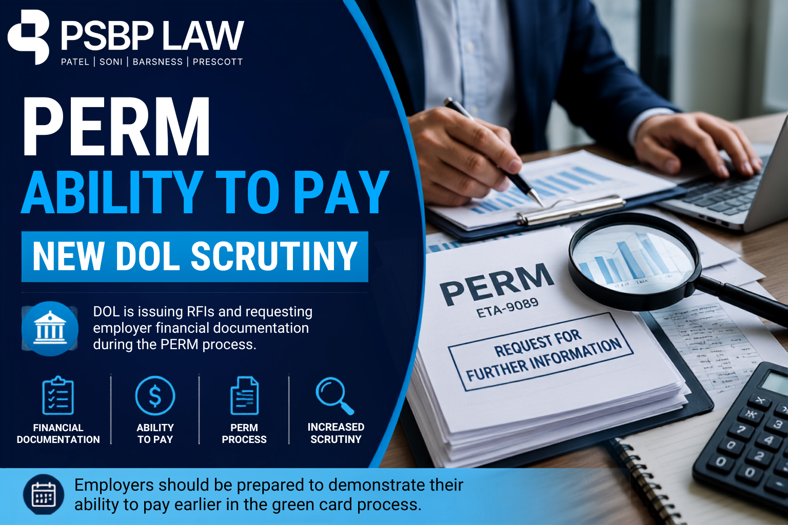 **Alt Text:** **PERM Ability to Pay graphic highlighting new DOL scrutiny of employer financial documentation during the PERM labor certification process.** 