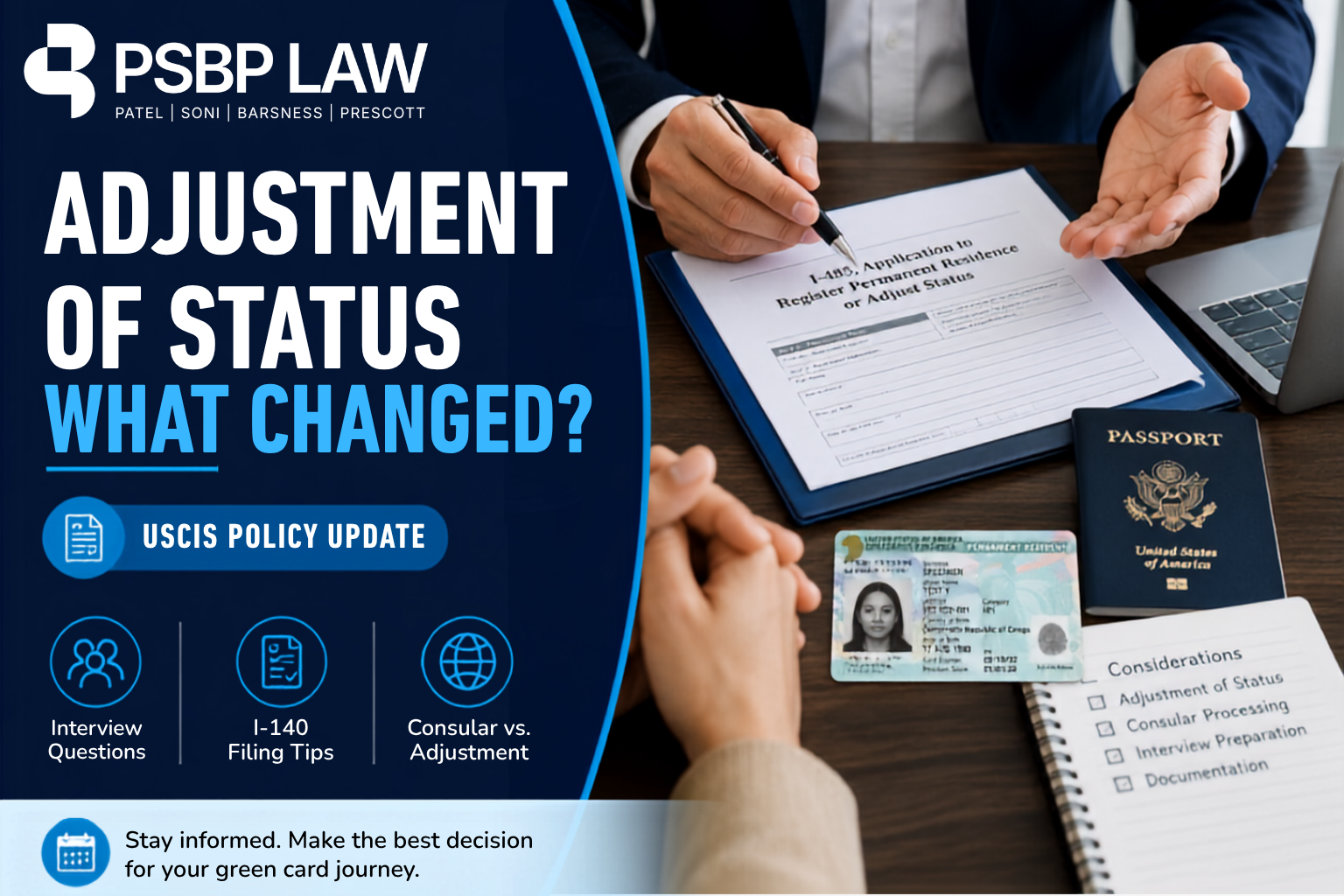 Professional graphic highlighting a USCIS Adjustment of Status policy update, featuring immigration documents, an I-140 petition, passport, and green card to illustrate recent changes affecting the green card process.
