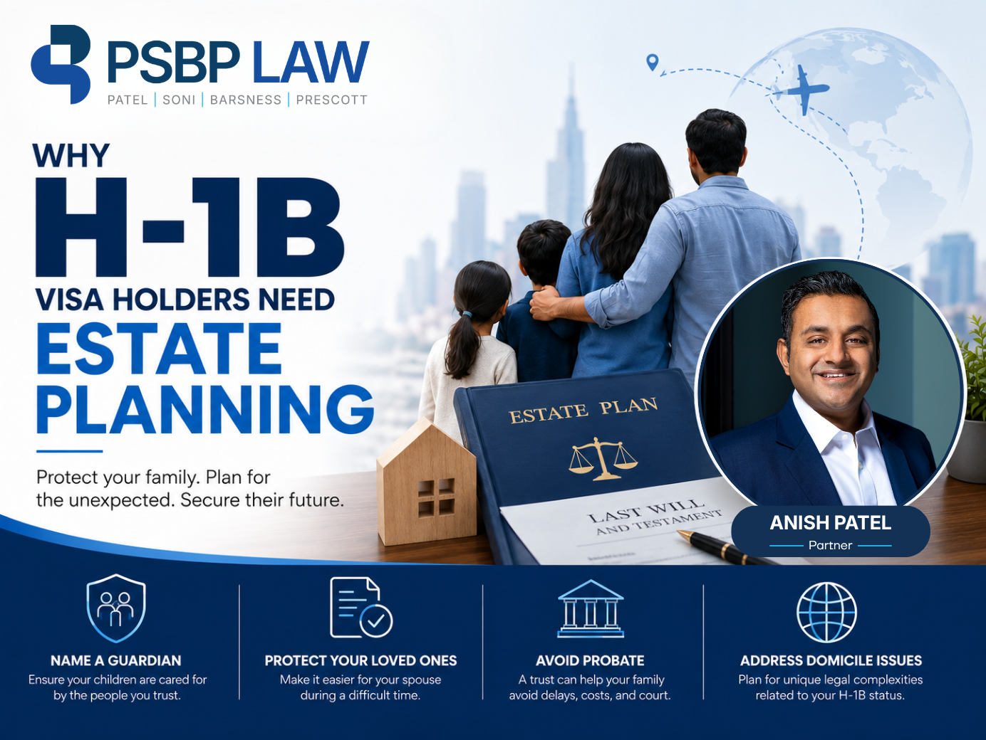 Illustration showing why H-1B visa holders need estate planning, featuring a family, estate planning documents, and legal planning concepts.