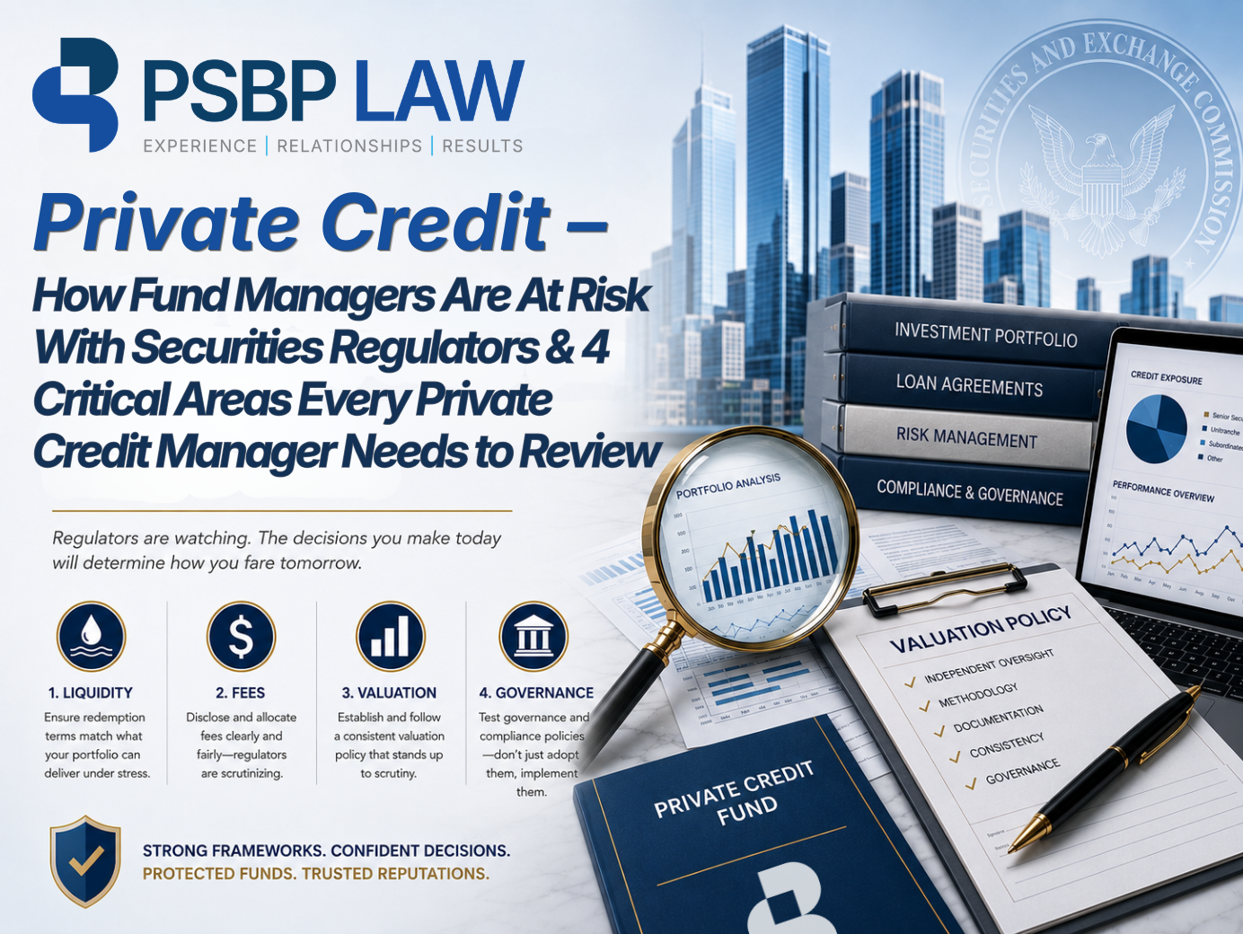 Private credit compliance illustration showing valuation, liquidity, fees, governance, and securities regulatory oversight.