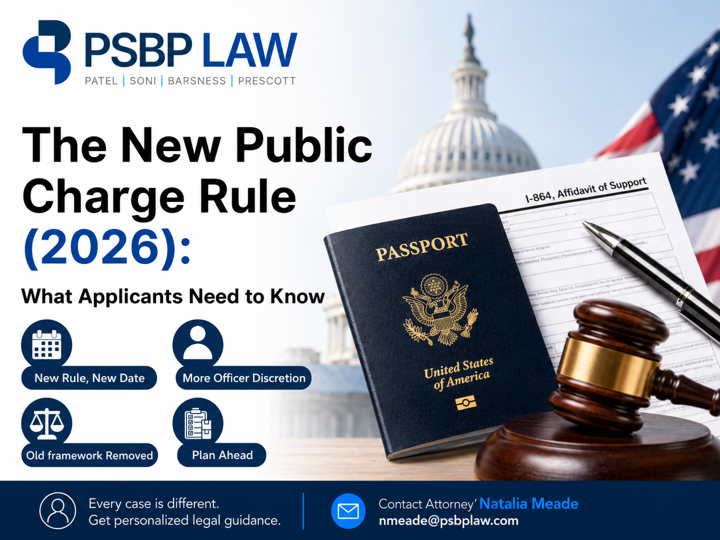 2026 Public Charge Rule illustration with U.S. passport, Form I-864, gavel, and Capitol representing immigration policy changes.