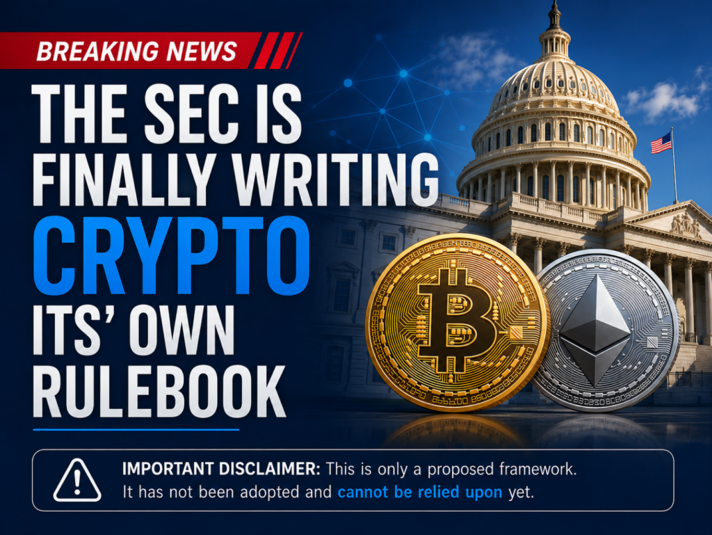 Breaking news graphic showing the U.S. Capitol with Bitcoin and Ethereum symbols and the headline, “The SEC Is Finally Writing Crypto Its’ Own Rulebook,” with a disclaimer noting that the framework is only proposed and cannot yet be relied upon.