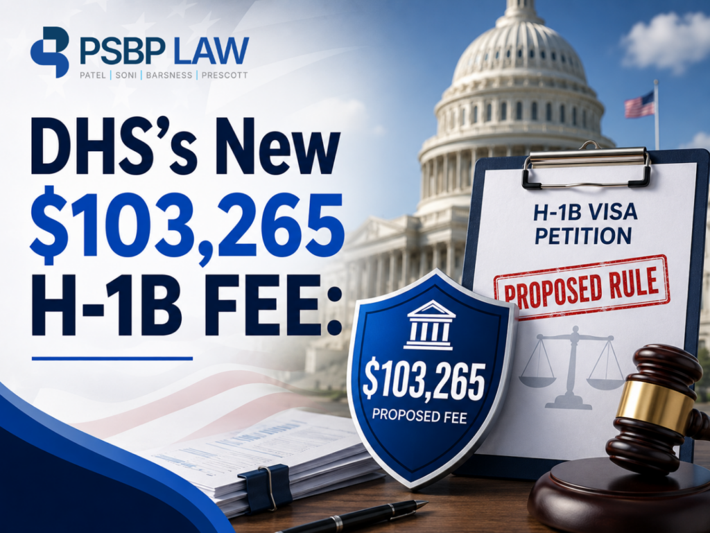 PSBP Law graphic highlighting DHS’s proposed $103,265 H-1B fee, comparing it with the $100,000 proclamation fee and noting the proposal’s scope, 30-day comment period, and proposed-rule status.