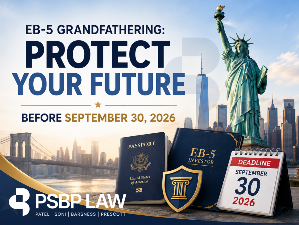 EB-5 grandfathering graphic showing the Statue of Liberty, U.S. passport, EB-5 investor documents, and a deadline calendar highlighting September 30, 2026, with the message “Protect Your Future.”