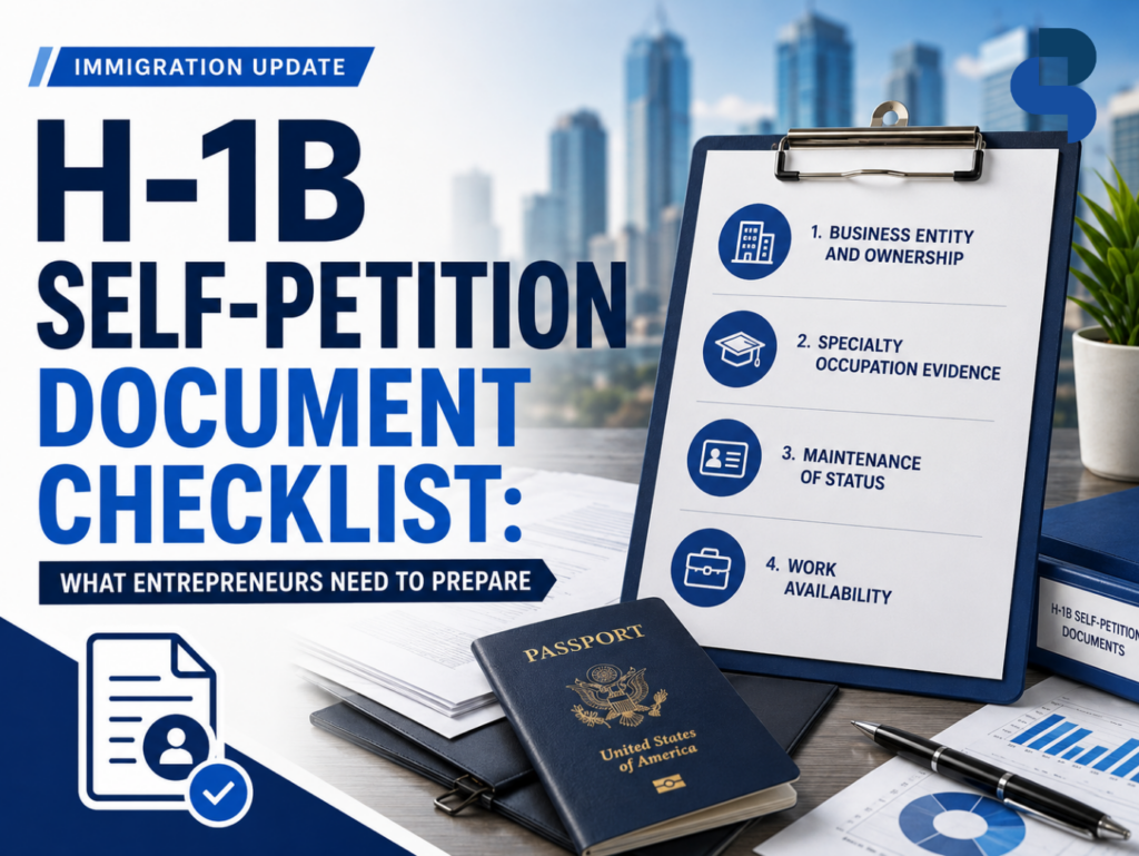H-1B self-petition document checklist for entrepreneurs, highlighting business ownership, specialty occupation evidence, maintenance of immigration status, and work availability, with PSBP Law contact information.
