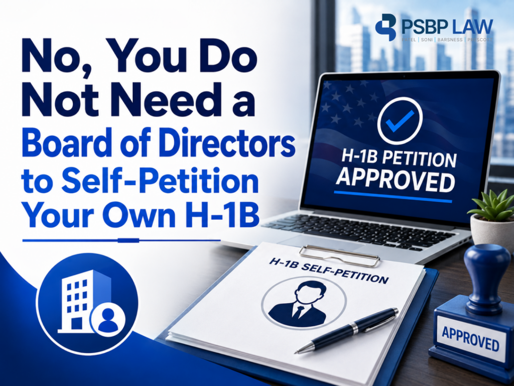 H-1B self-petition graphic explaining that a board of directors is not required for majority owners or sole owners, with key requirements including majority ownership, specialty occupation duties, and a valid employer-employee relationship. The graphic also highlights H-1B petition approval and contact information for Chris Prescott at PSBP Law.