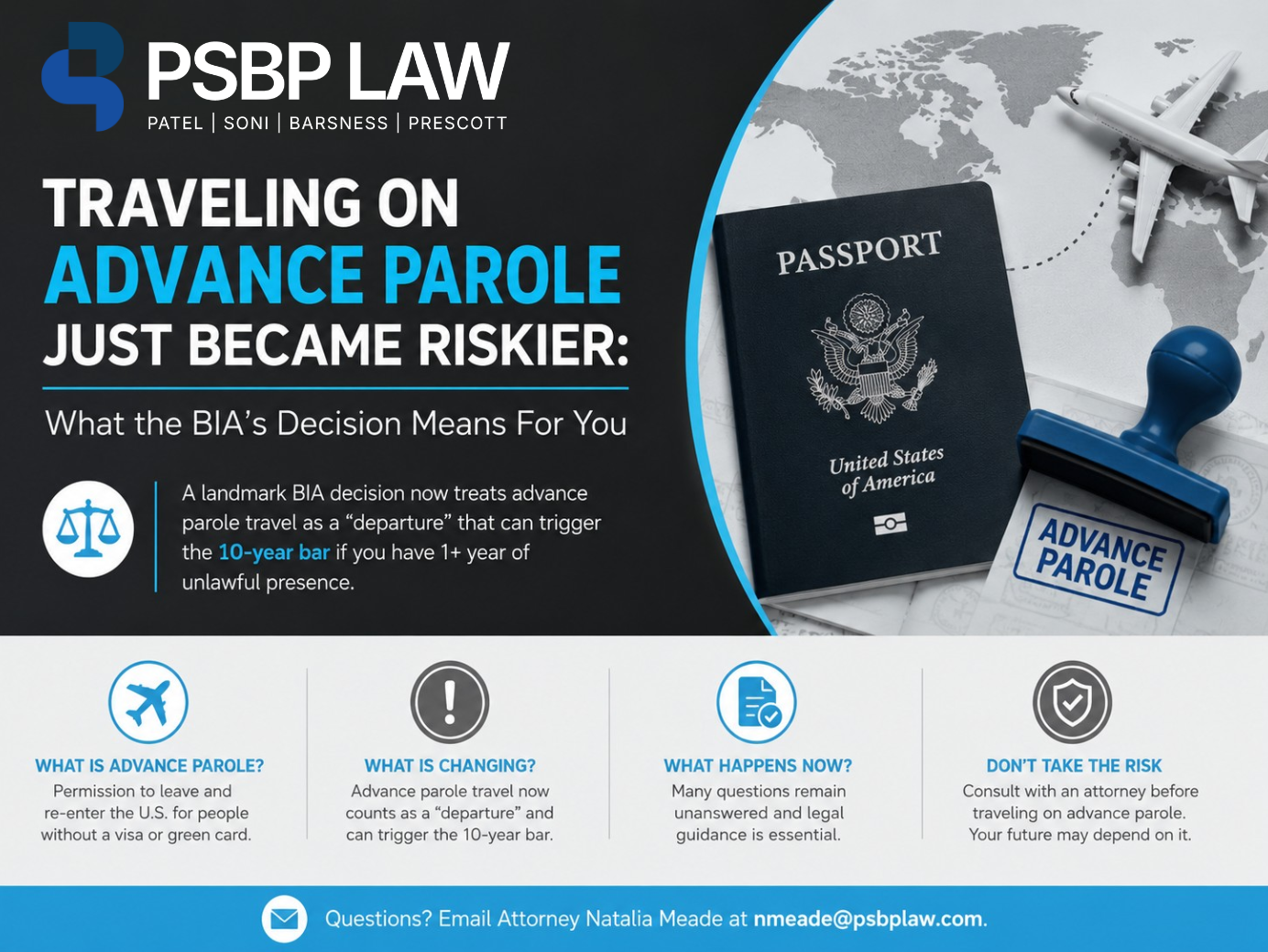 Professional PSBP Law graphic explaining that advance parole travel may now trigger the 10-year unlawful presence bar following the BIA’s 2026 decision in Matter of Delcarmen-Lara, with a passport, airplane, and “Advance Parole” stamp.