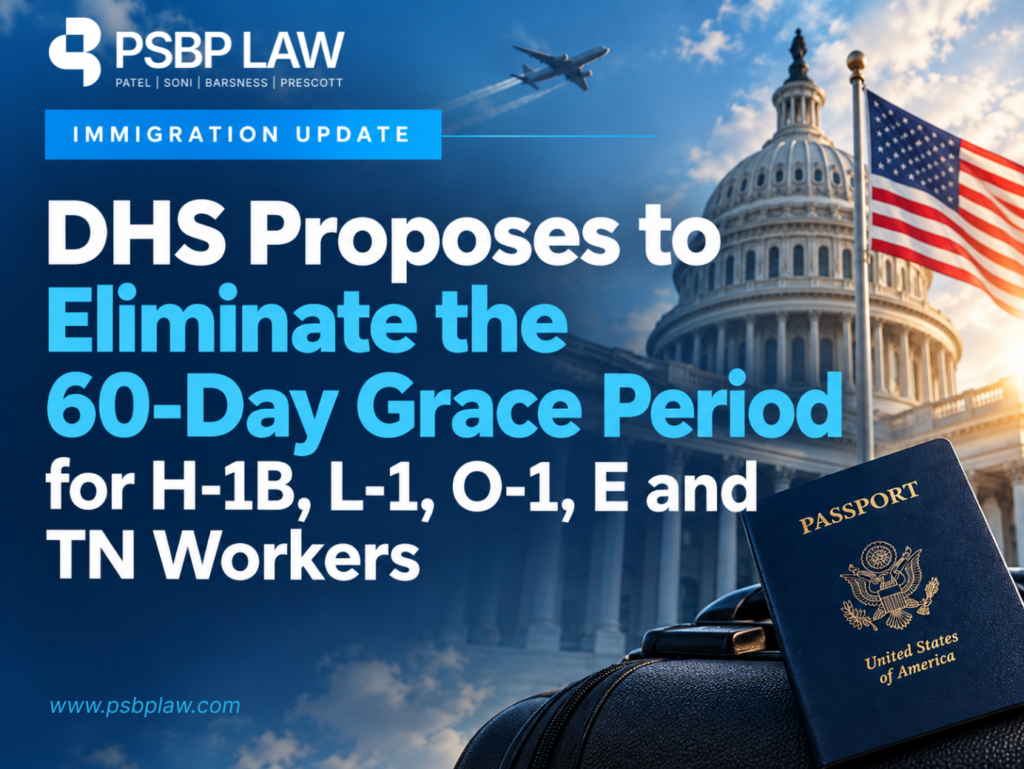 Immigration Update graphic announcing DHS’s proposal to eliminate the 60-day grace period for H-1B, L-1, O-1, E, and TN workers, featuring the U.S. Capitol, American flag, airplane, and U.S. passport.