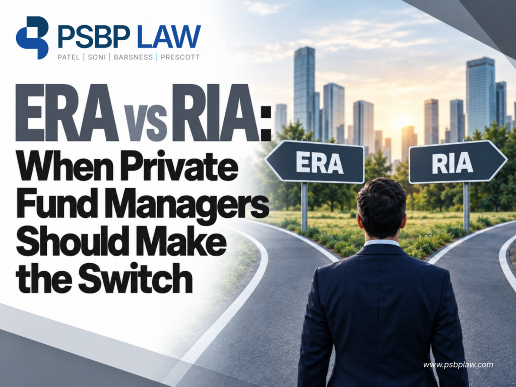 PSBP Law graphic featuring a large title, “ERA vs RIA: When Private Fund Managers Should Make the Switch,” with a professional standing at a forked road marked “ERA” and “RIA” against a city skyline.