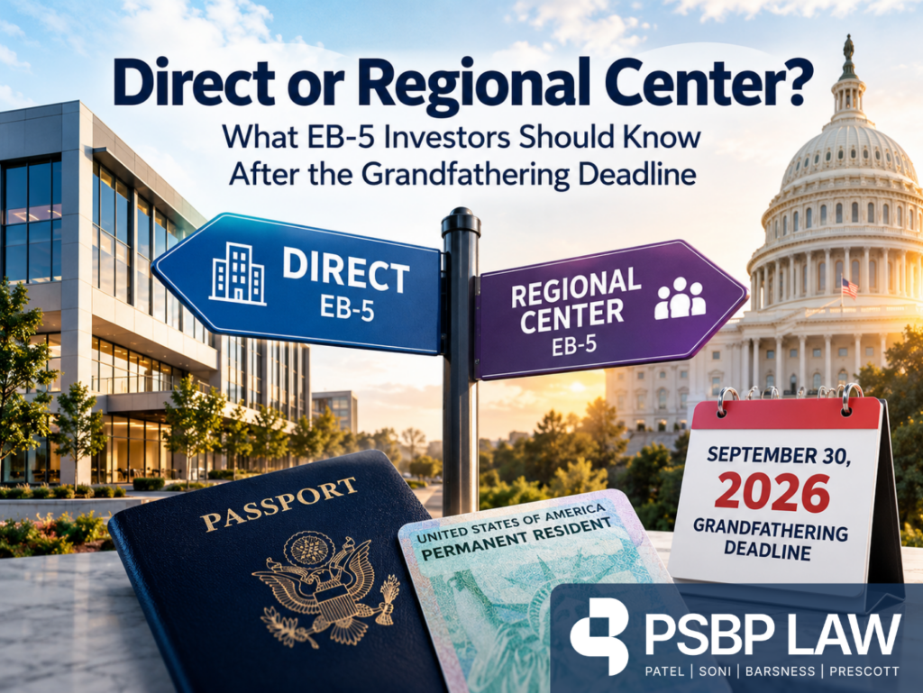 Direct vs. Regional Center EB-5 investment options, highlighting the September 30, 2026, grandfathering deadline for EB-5 investors, with U.S. Capitol imagery and immigration documents.
