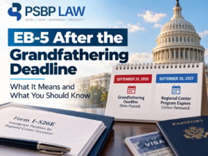PSBP Law graphic explaining the EB-5 grandfathering deadline of September 30, 2026, and the Regional Center Program expiration date of September 30, 2027.