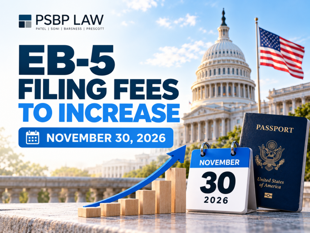 PSBP Law graphic announcing EB-5 filing fee increases effective November 30, 2026, featuring the U.S. Capitol, American flag, passport, calendar, and rising bar chart.