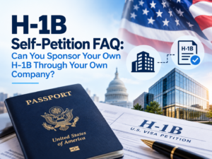 H-1B self-petition for entrepreneurs, featuring a U.S. passport, H-1B visa petition documents, American flag, Capitol building, and office building representing business ownership and U.S. immigration.