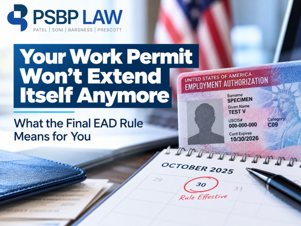 PSBP Law graphic explaining the end of automatic EAD extensions and the October 30, 2025, effective date for affected work permit renewals.